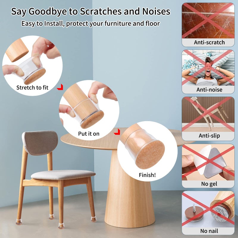 Ezprotekt 8 Pcs Extra Large Chair Leg Protectors with Felt, Silicone Felt Furniture Pads, Floor Protectors for Chair, Bar Stools Leg Protectors Caps, Table Leg Cups Covers (XL Fit: 1.4""-1.65"", Clear) - Image 3